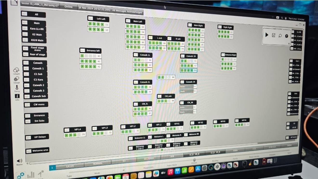 Amplifier network software showing mains, catwalk, VIP, delay and entrance zones