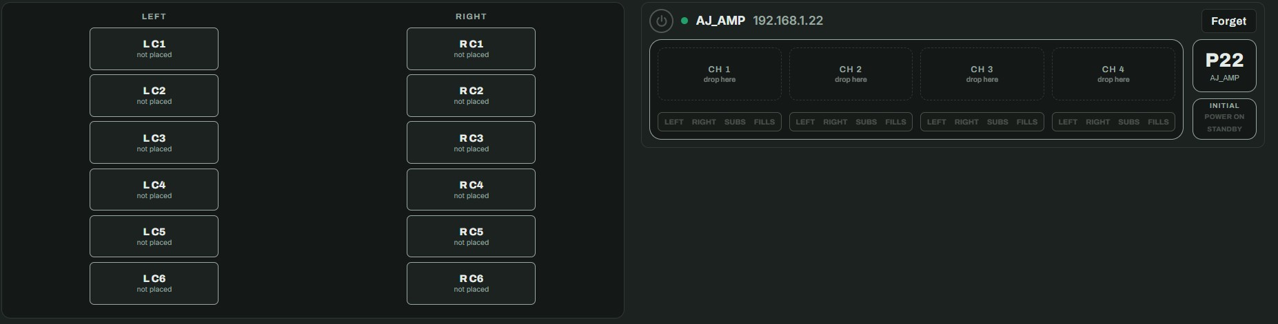 AURIX Designer amplifier patching screen with left and right cabinets and amplifier channels