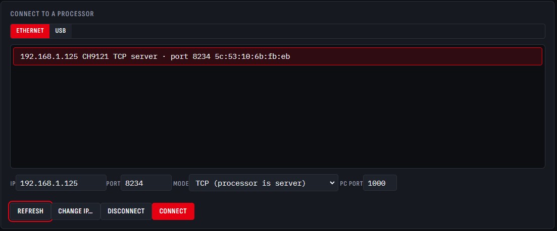 Clarion Connect connection screen finding a processor over Ethernet