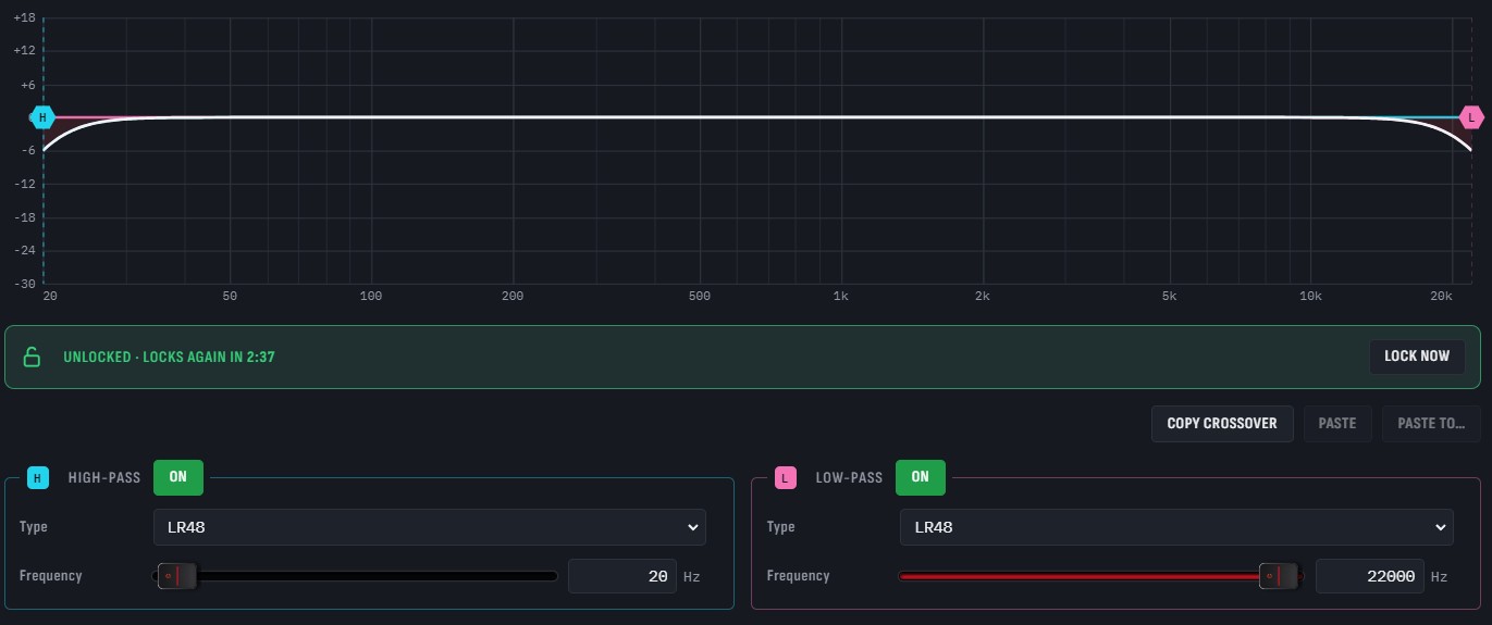 Clarion Connect crossover with high-pass and low-pass filters and a timed unlock