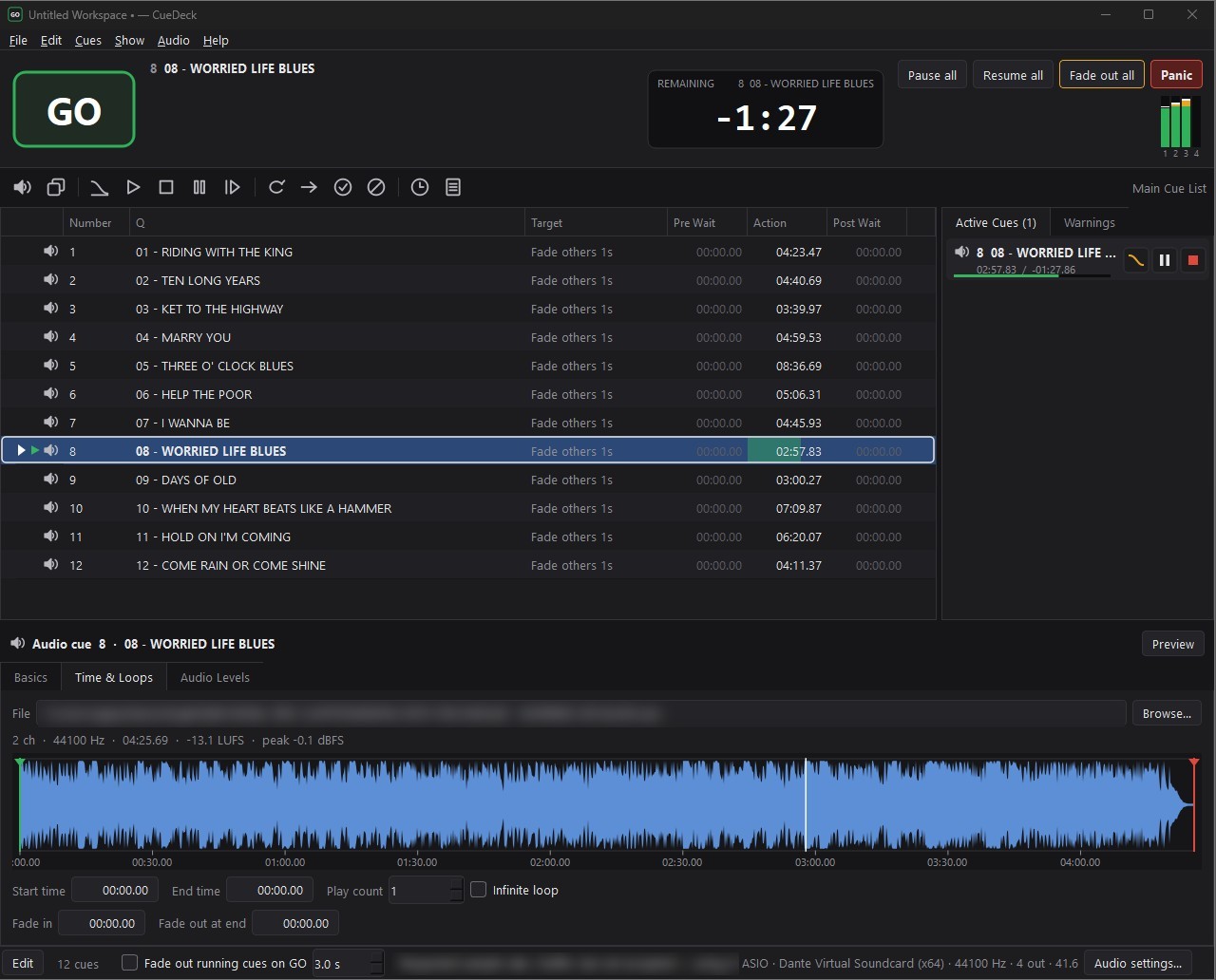 CueDeck cue list with the GO button