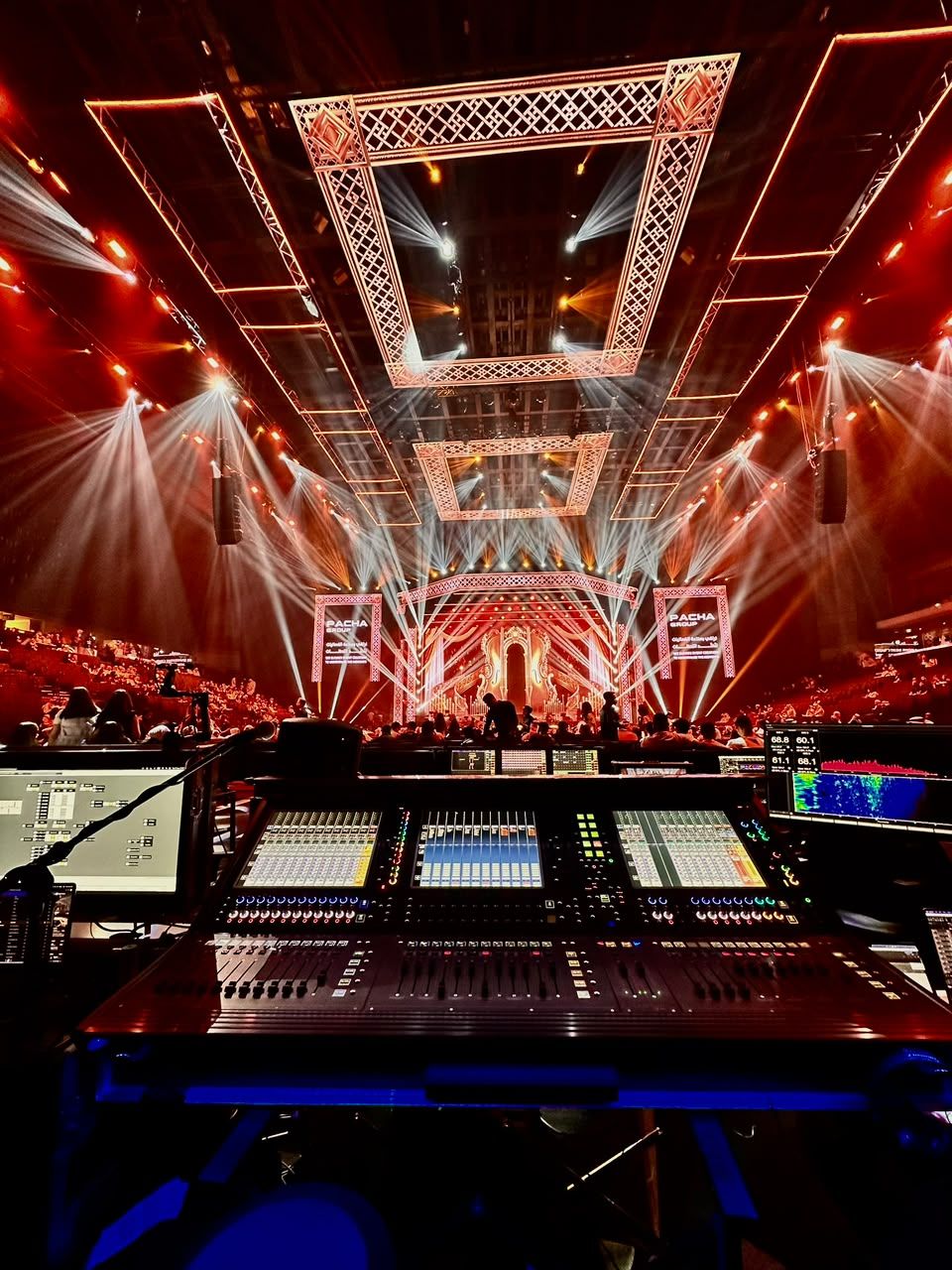 Mixing consoles at front of house during an arena show