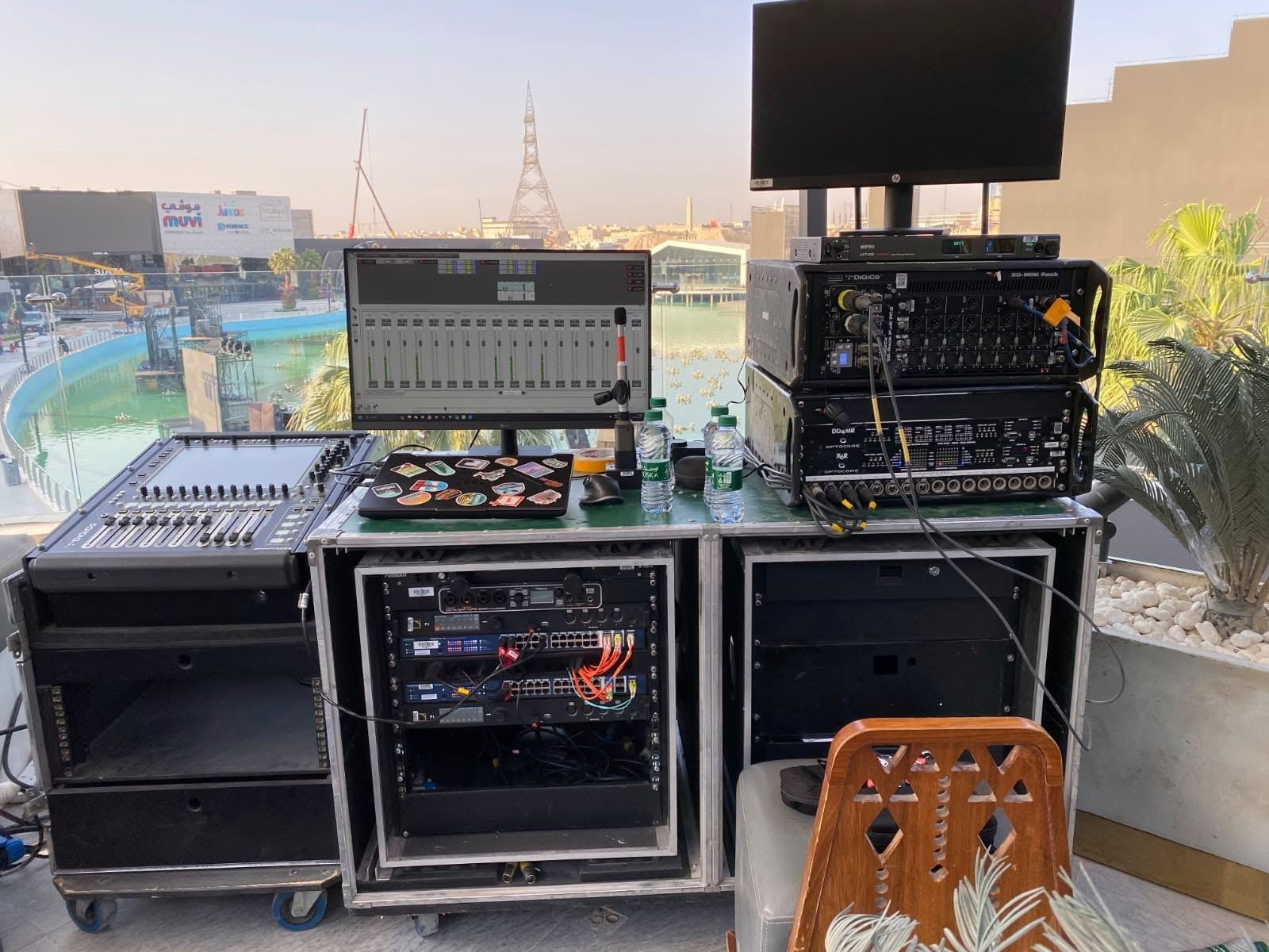 Outdoor mixing position with DiGiCo console, stage rack and network rack